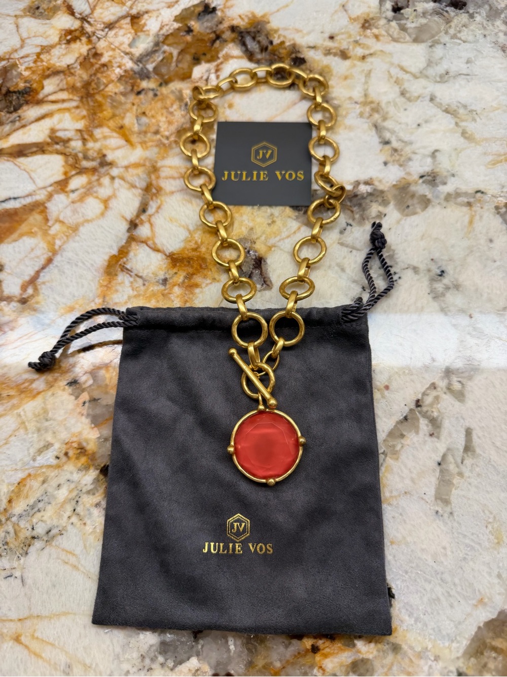 Julie Vos Gold Link Necklace with Red Round Pendant